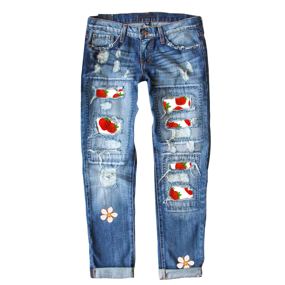 Womens Sky Blue Flower Strawberry Print Patchwork Distressed Jeans Image 2