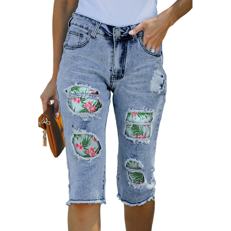 Womens Sky Blue Tropical Plant Patchwork Frayed High Waist Denim Shorts Image 1