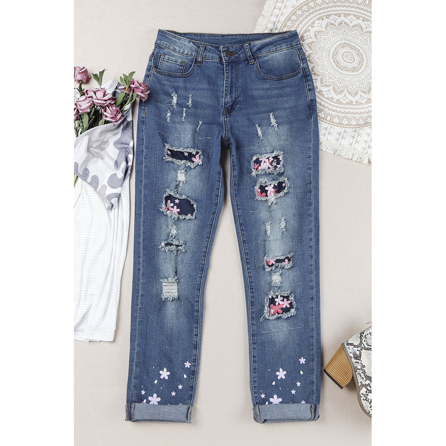 Womens Sky Blue Cherry Blossom Pattern Splicing Mid Waist Distressed Jeans Image 1