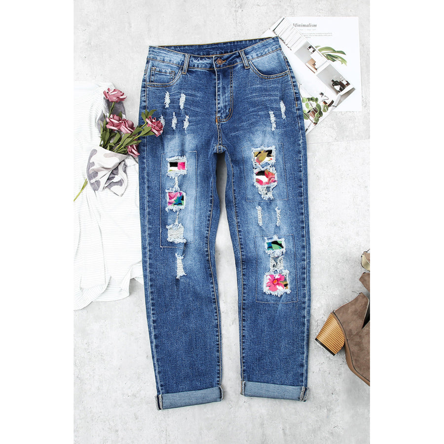 Womens Sky Blue Floral Pattern Patchwork Distressed Denim Pants Image 1