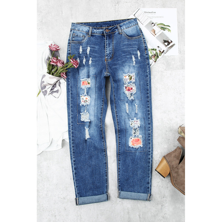 Womens Sky Blue Floral Pattern Splicing High Waist Distressed Jeans Image 1