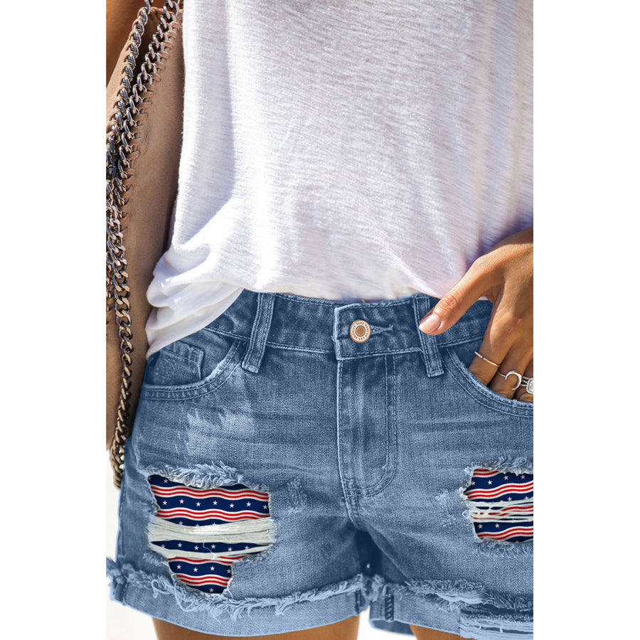 Womens Sky Blue American Flag Pattern Splicing Distressed Denim Shorts Image 1