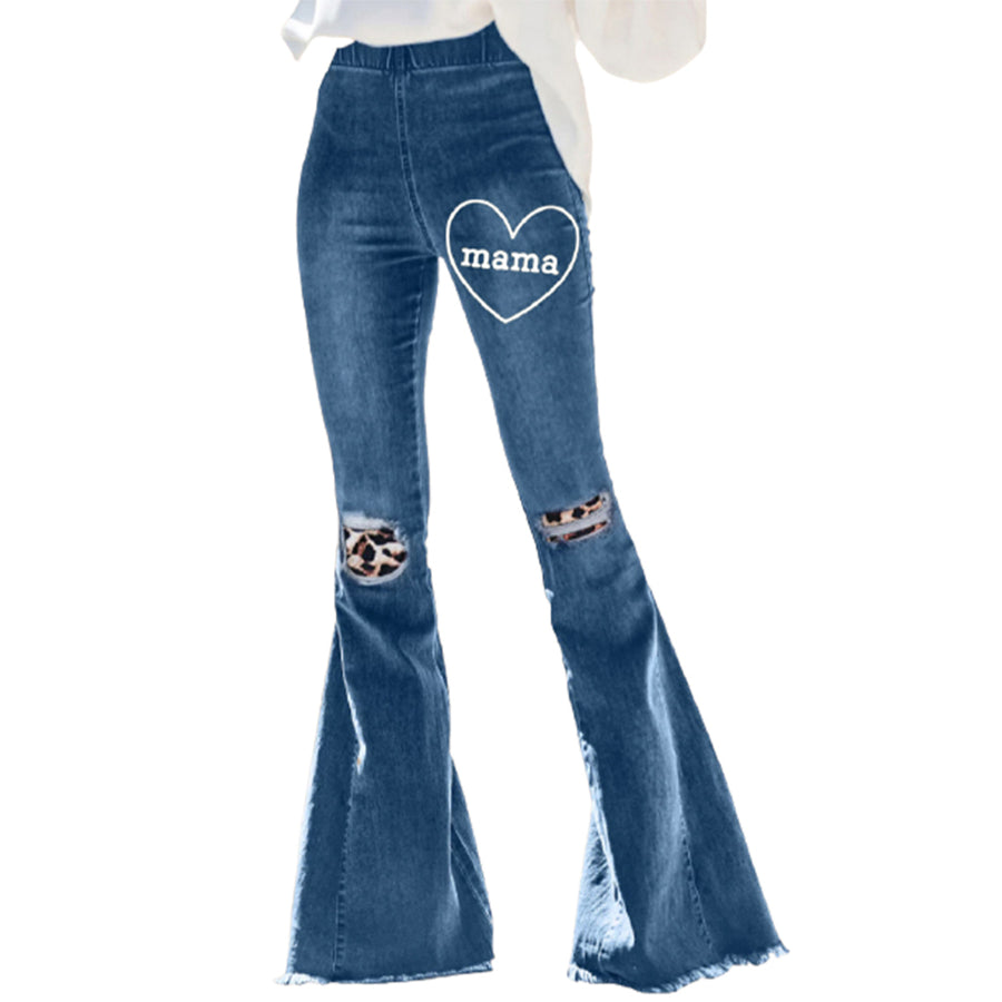 Womens Mama Heart Print Leopard Patchwork Distressed Flare Jeans Image 1