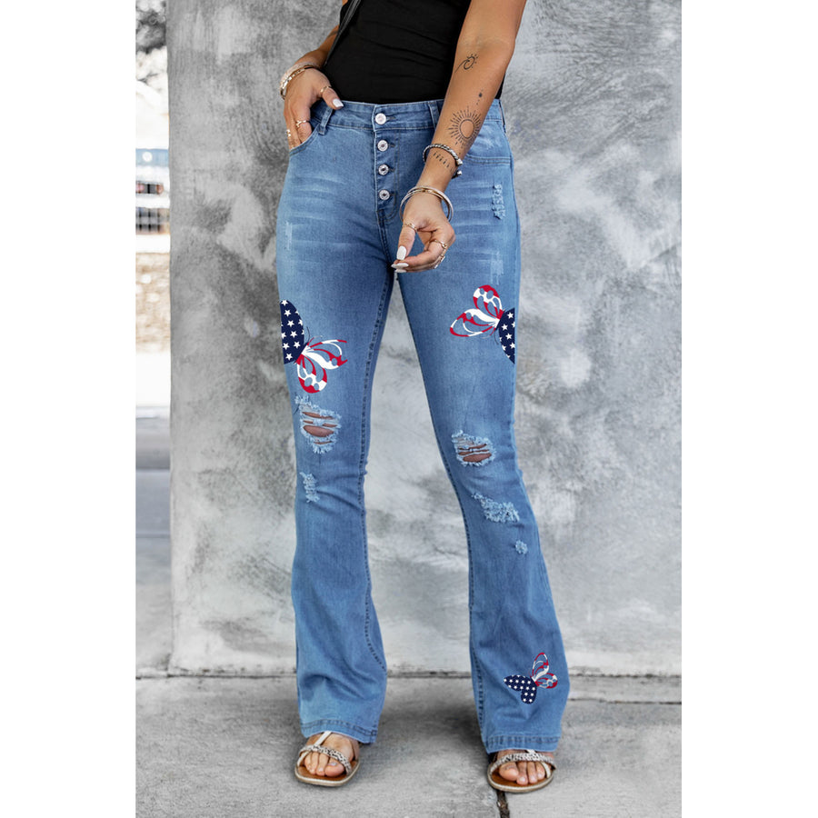 Womens Sky Blue Flag Butterfly Print Distressed Flare Jeans Image 1