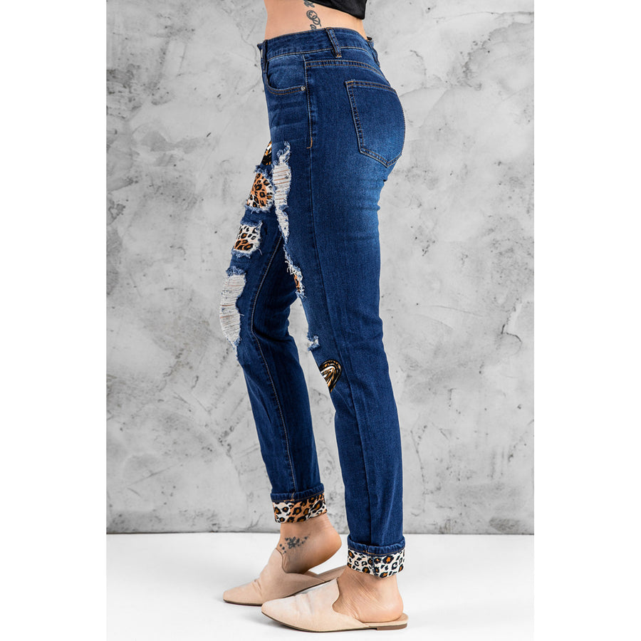 Womens Blue Heart Leopard Patchwork Slim-fit Distressed Jeans Image 1