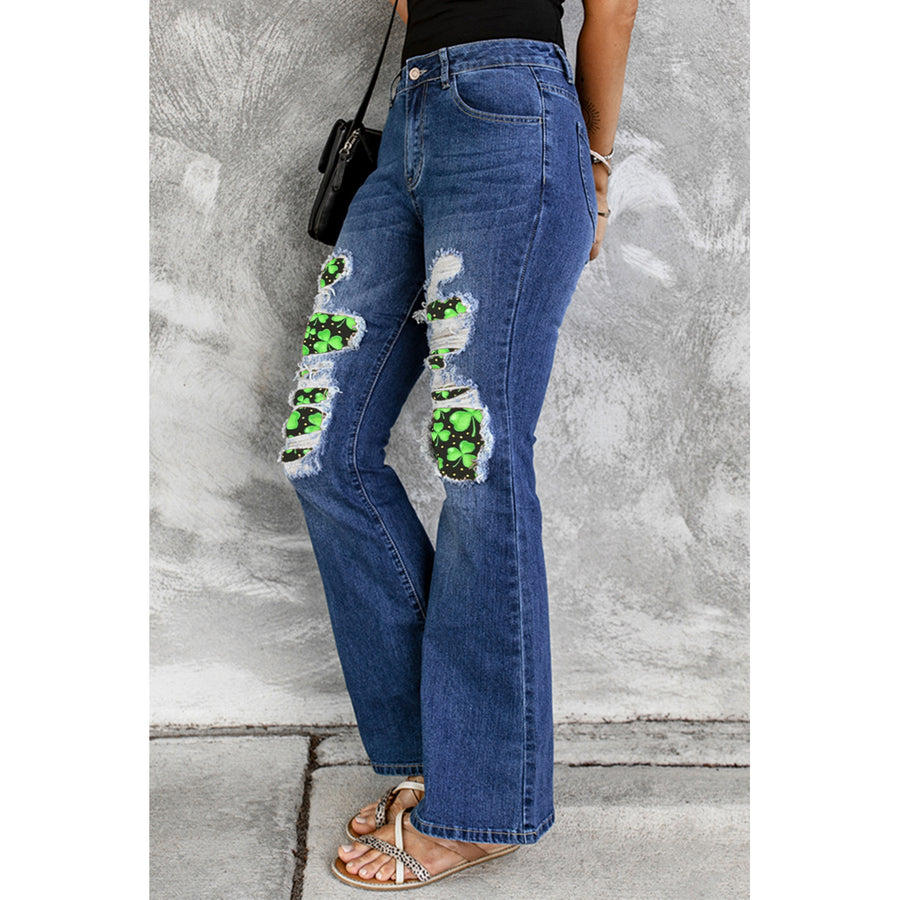 Womens Blue St Patrick Clover Patchwork High Rise Flare Jeans Image 1