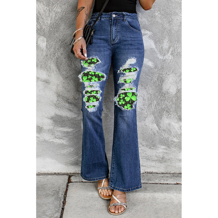 Womens Blue St Patrick Clover Patchwork High Rise Flare Jeans Image 3