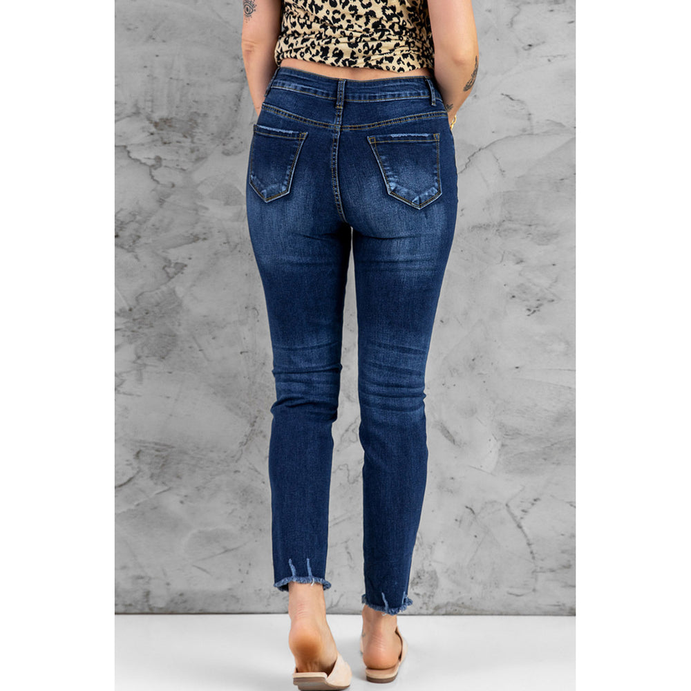 Womens Blue Leopard Clover Print Button-fly High Waist Jeans Image 2