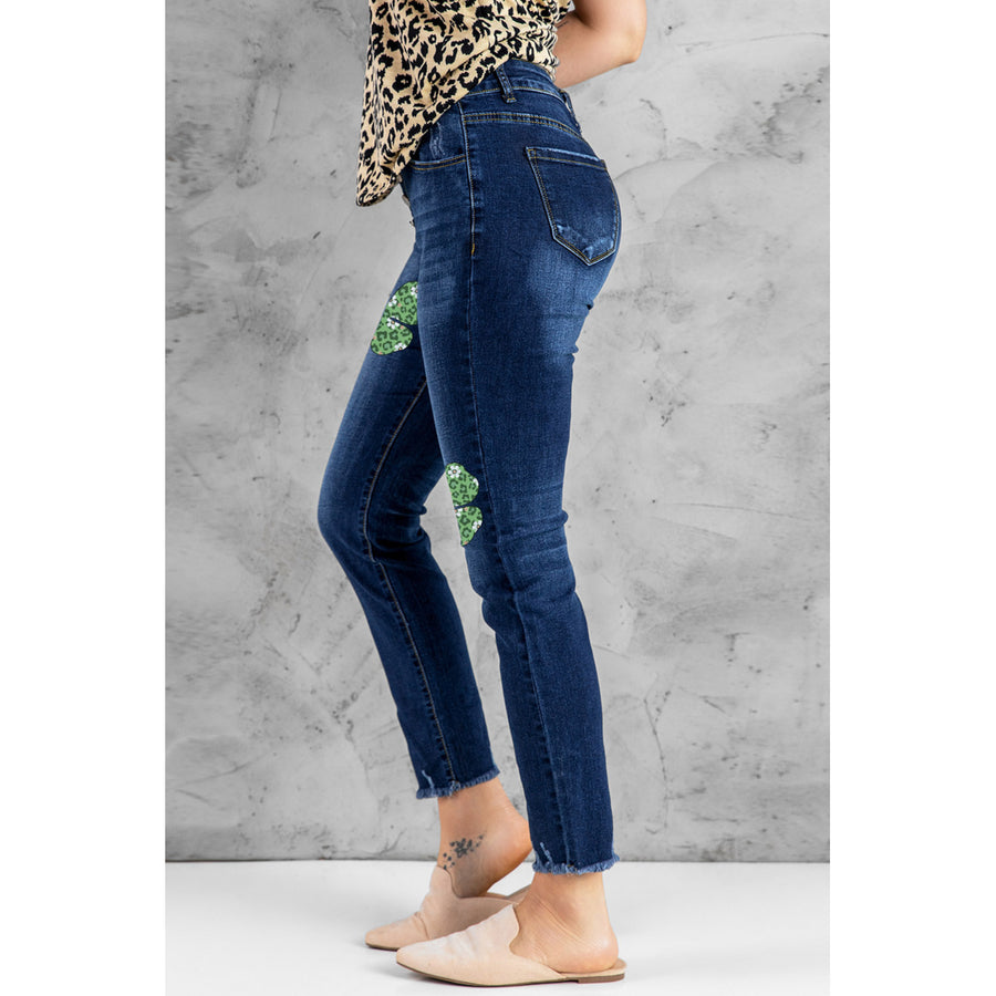 Womens Blue Leopard Clover Print Button-fly High Waist Jeans Image 1