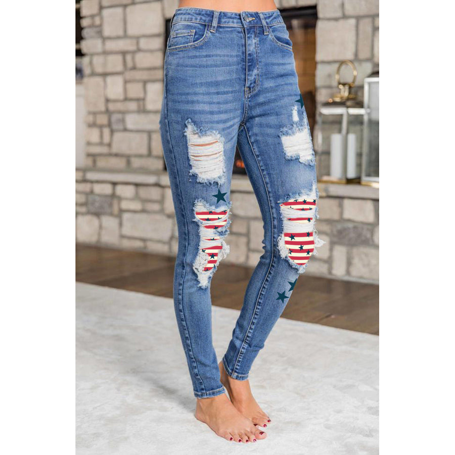 Womens Blue Stripes Stars Ripped Skinny High Waist Jeans Image 1