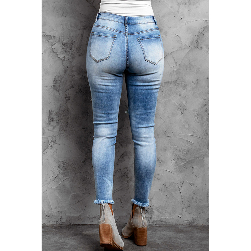 Womens Sky Blue Distressed American Flag Holes Skinny Jeans Image 2