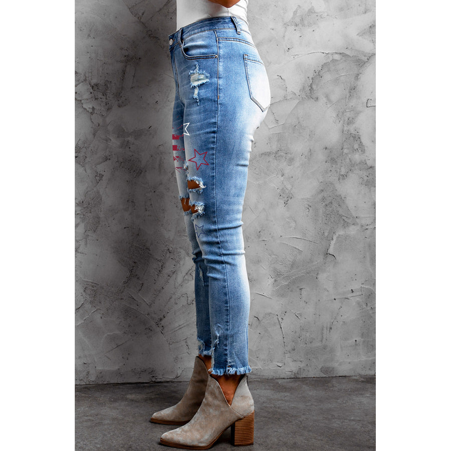 Womens Sky Blue Distressed American Flag Holes Skinny Jeans Image 1