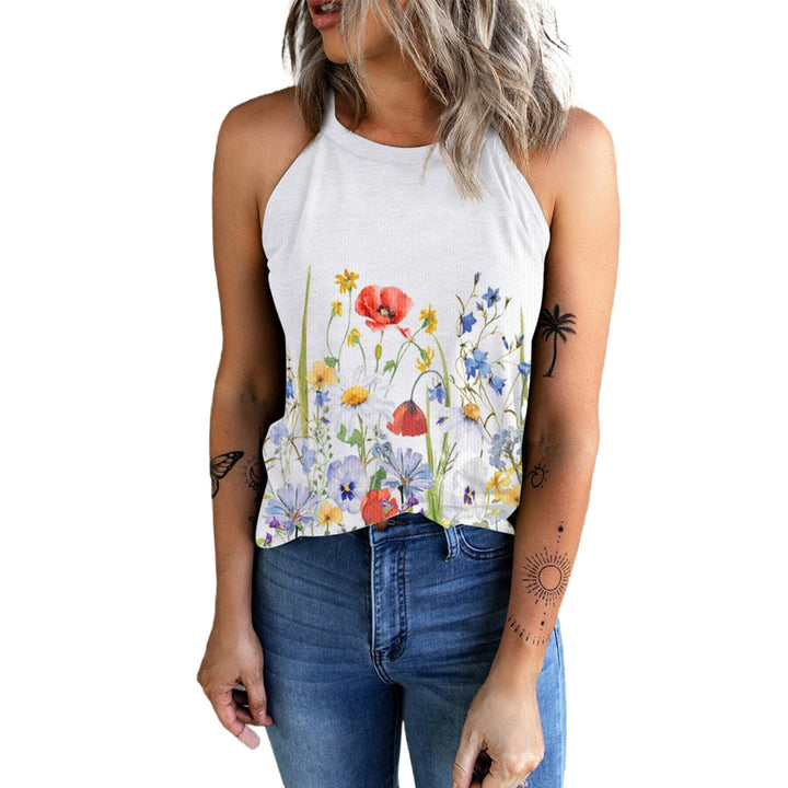 Womens White Floral Print Graphic Print Slim Fit Halter Tank Top Image 3