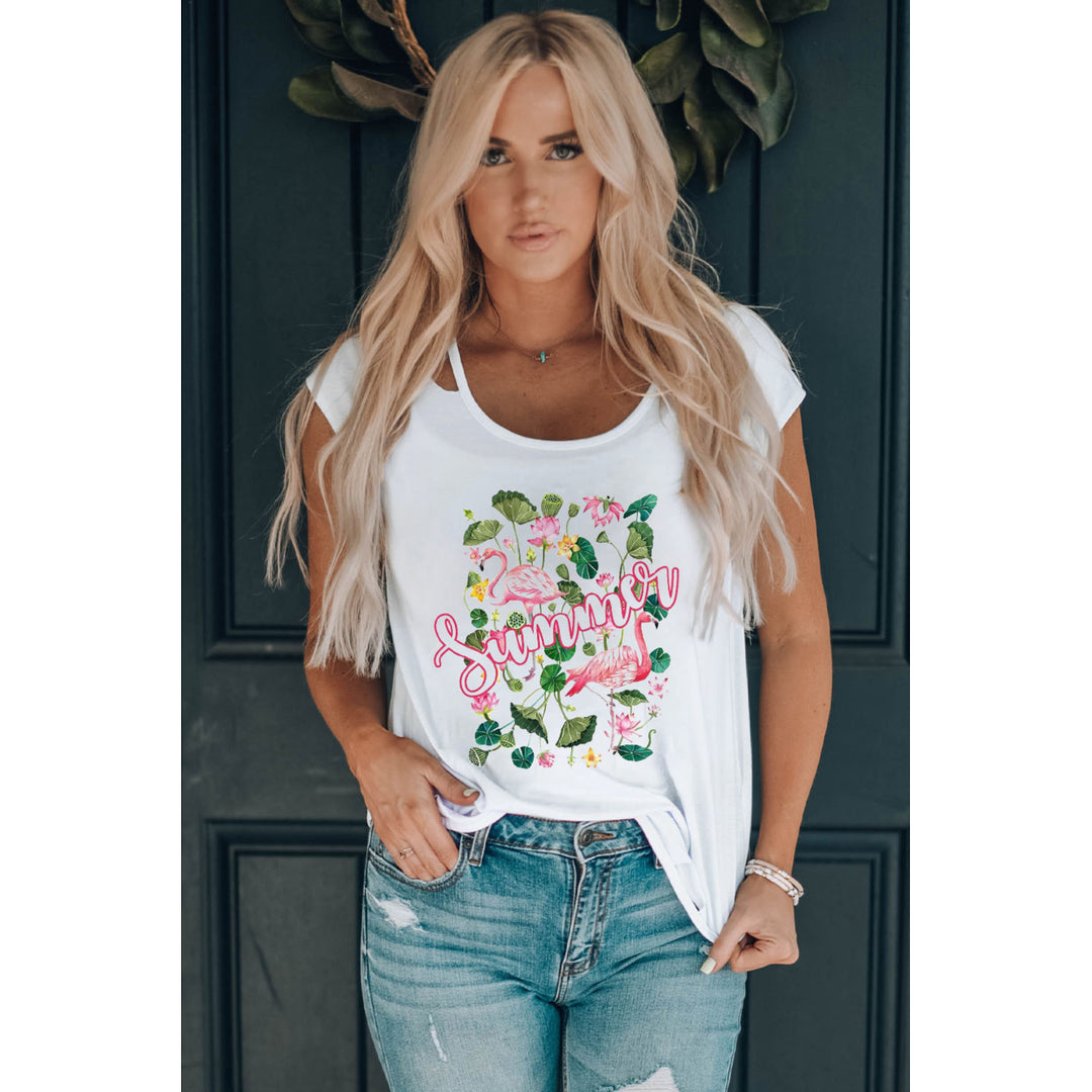 Womens White Summer Flamingo Floral Print Crew Neck T Shirt Image 3