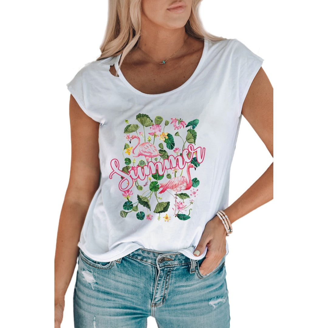 Womens White Summer Flamingo Floral Print Crew Neck T Shirt Image 4