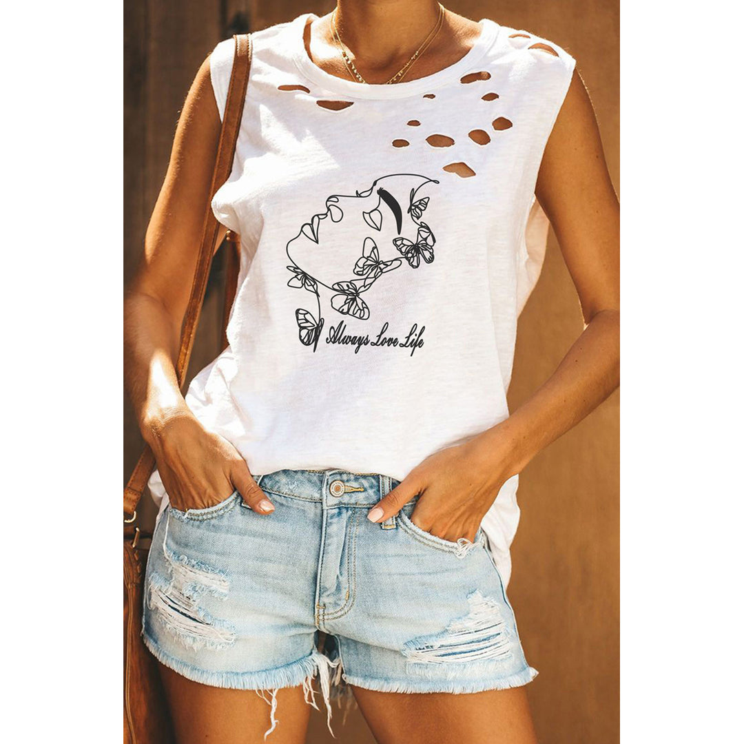 Womens White Casual Portrait Print Cut Out Graphic Tank Top Image 1