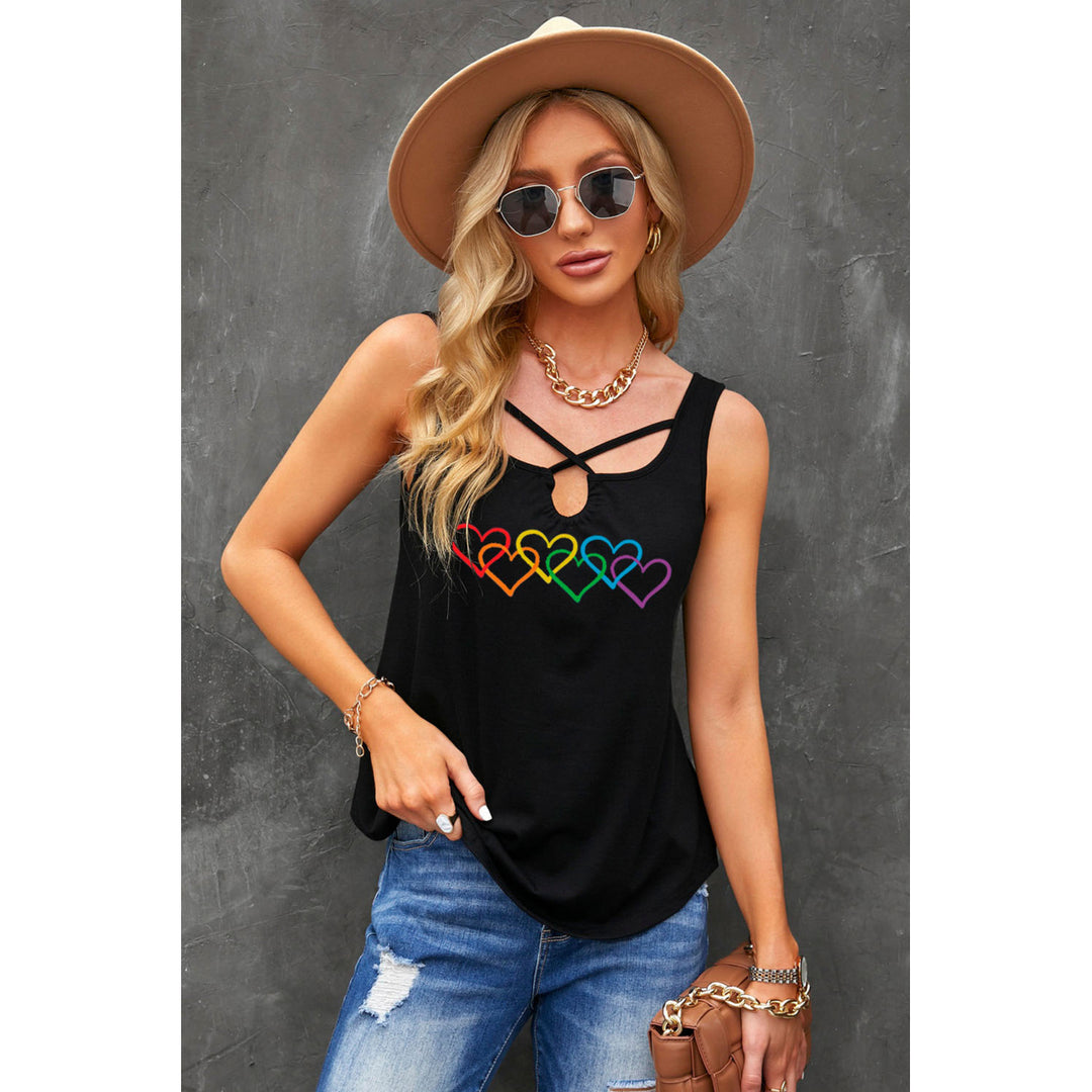 Womens Black Rainbow Hearts Crossed Strappy Neck Tank Top Image 1
