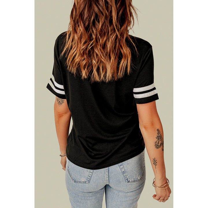 Women's Black Palm Leaves Print Striped Short Sleeve T Shirt Image 1