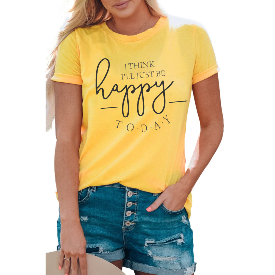 Womens Yellow Happy Letter Printed Crewneck Short Sleeve T Shirt Image 3