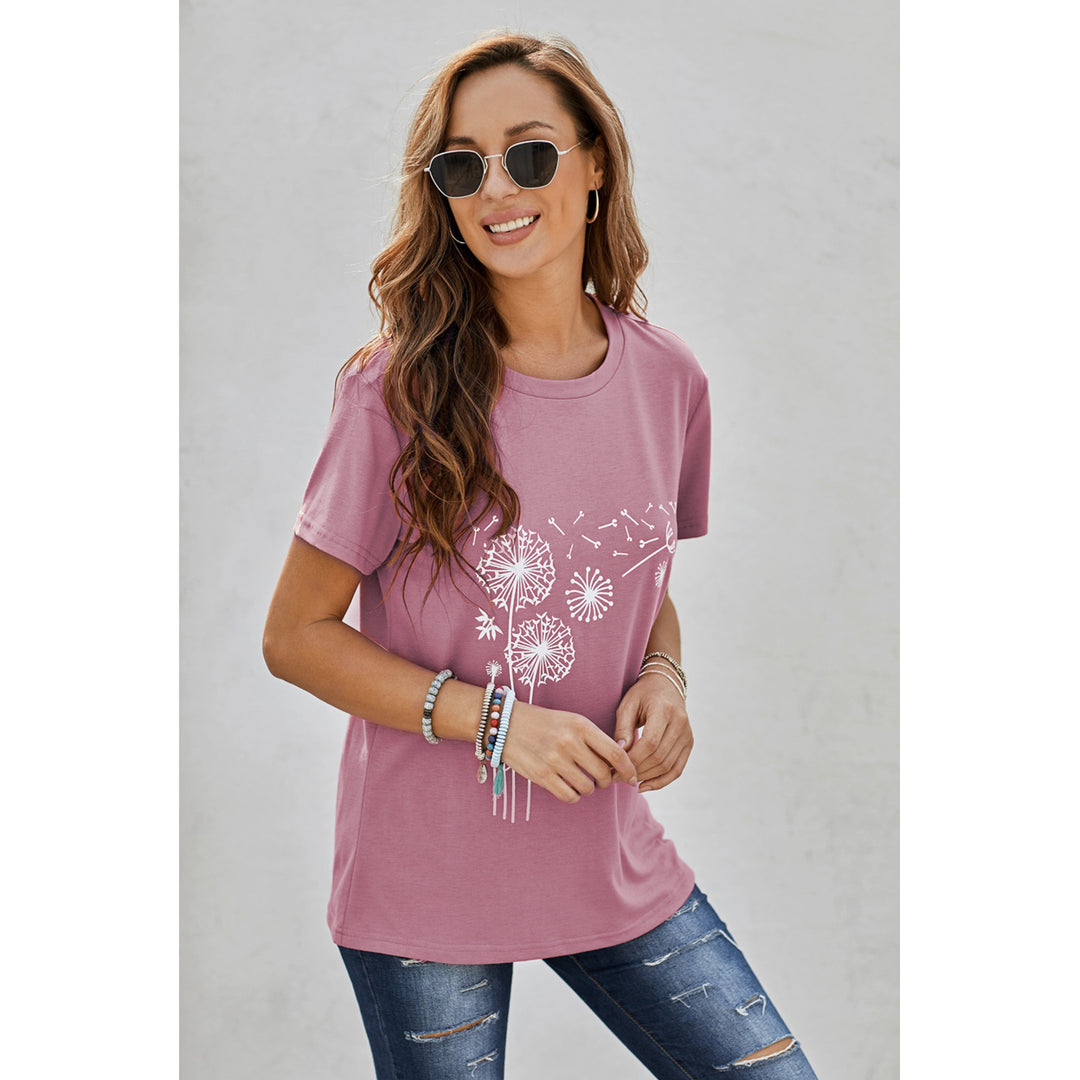 Womens Pink Crew Neck Dandelion Print T-shirt Image 3
