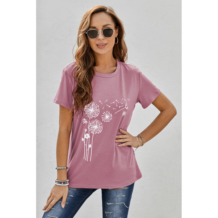 Womens Pink Crew Neck Dandelion Print T-shirt Image 4