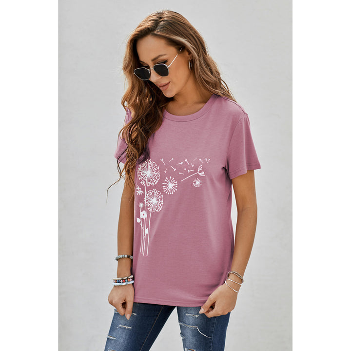 Womens Pink Crew Neck Dandelion Print T-shirt Image 6