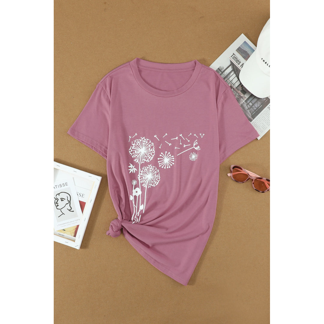 Womens Pink Crew Neck Dandelion Print T-shirt Image 7
