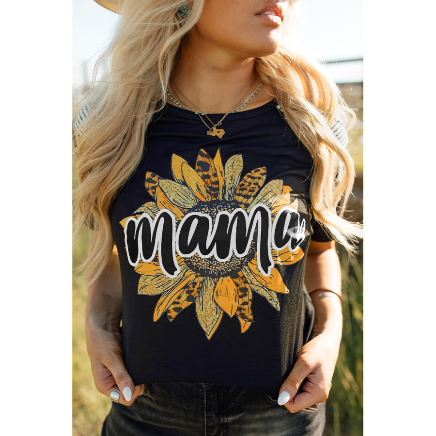 Womens Black Mama Sunflower Print Striped Leopard Short Sleeve T Shirt Image 1