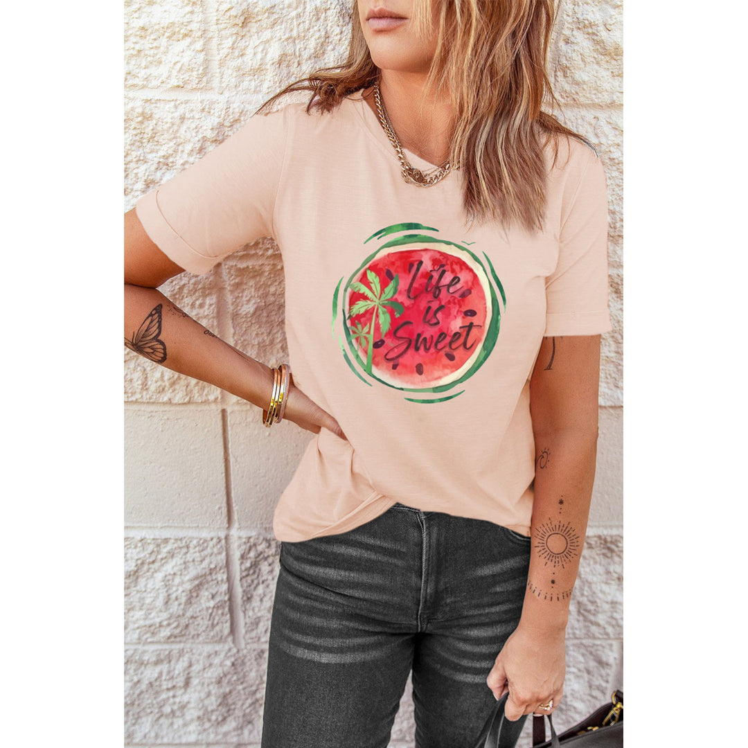 Womens Pink Watermelon Letter Printed Short Sleeve Graphic Tee Image 3
