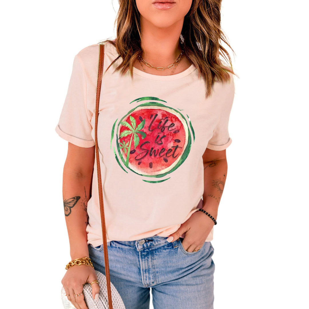 Womens Pink Watermelon Letter Printed Short Sleeve Graphic Tee Image 4