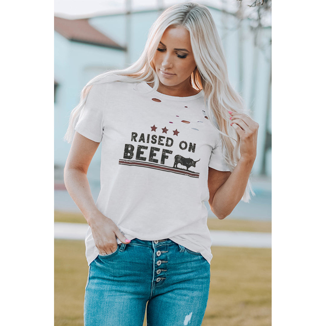 Womens White Raised on Beef Western Graphic Ripped Shirt Image 4