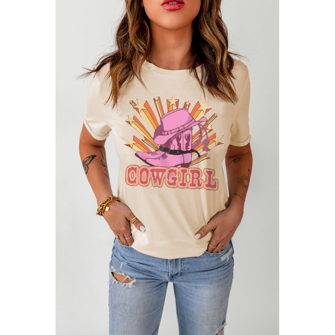 Women's Khaki COWGIRL Boots Western Graphic Print T Shirt Image 1