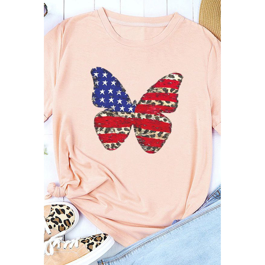 Women's Pink American Flag Leopard Butterfly Print Crew Neck Graphic Tee Image 1