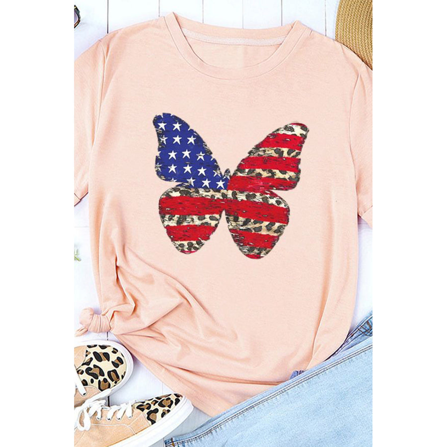 Women's Pink American Flag Leopard Butterfly Print Crew Neck Graphic Tee Image 1