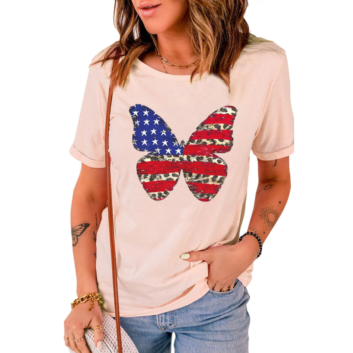 Women's Pink American Flag Leopard Butterfly Print Crew Neck Graphic Tee Image 3