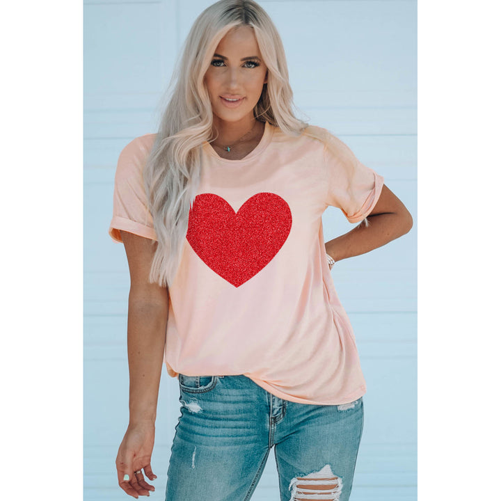 Womens Pink Sequin Heart Graphic Tee Image 3