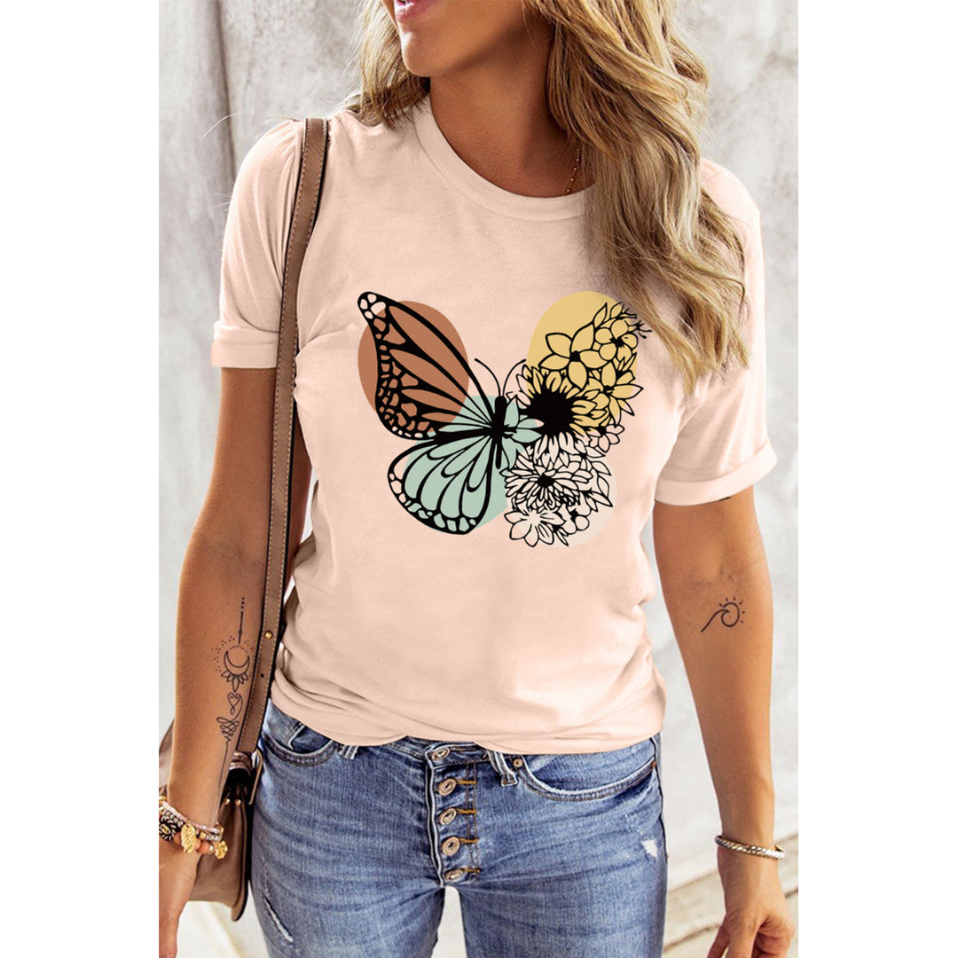 Womens Pink Casual Butterfly Animal Print Graphic T Shirt Image 1
