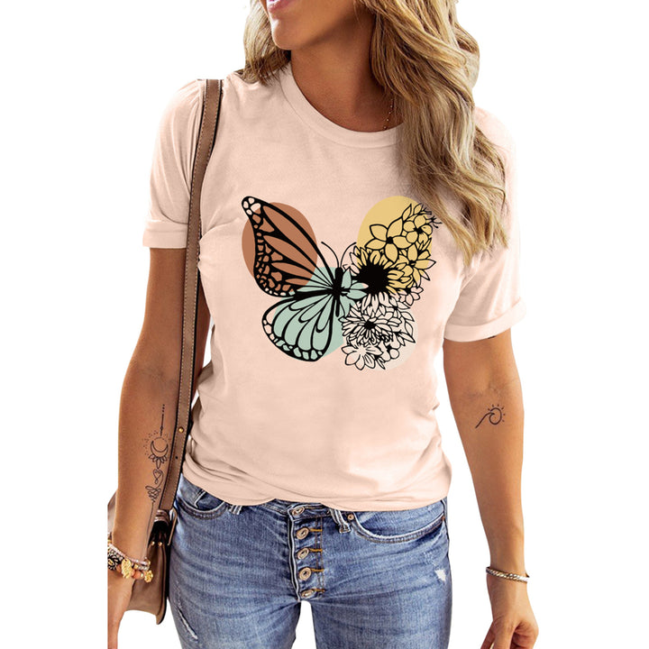 Womens Pink Casual Butterfly Animal Print Graphic T Shirt Image 2