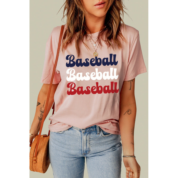 Women's Pink Baseball Letter Print Crew Neck Short Sleeve Top Image 1