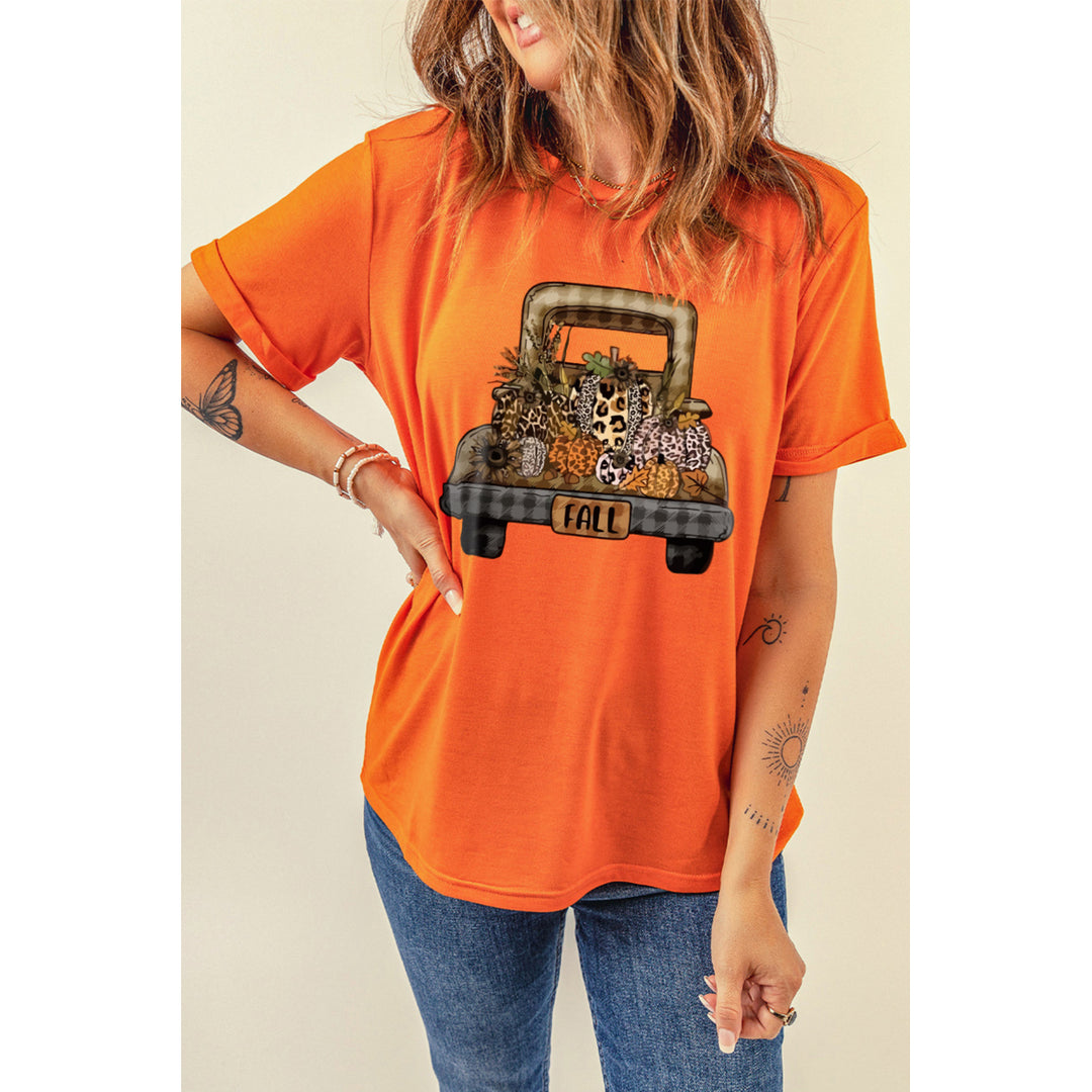 Womens Orange FALL Pumpkin Car Graphic Print Short Sleeve T Shirt Image 1
