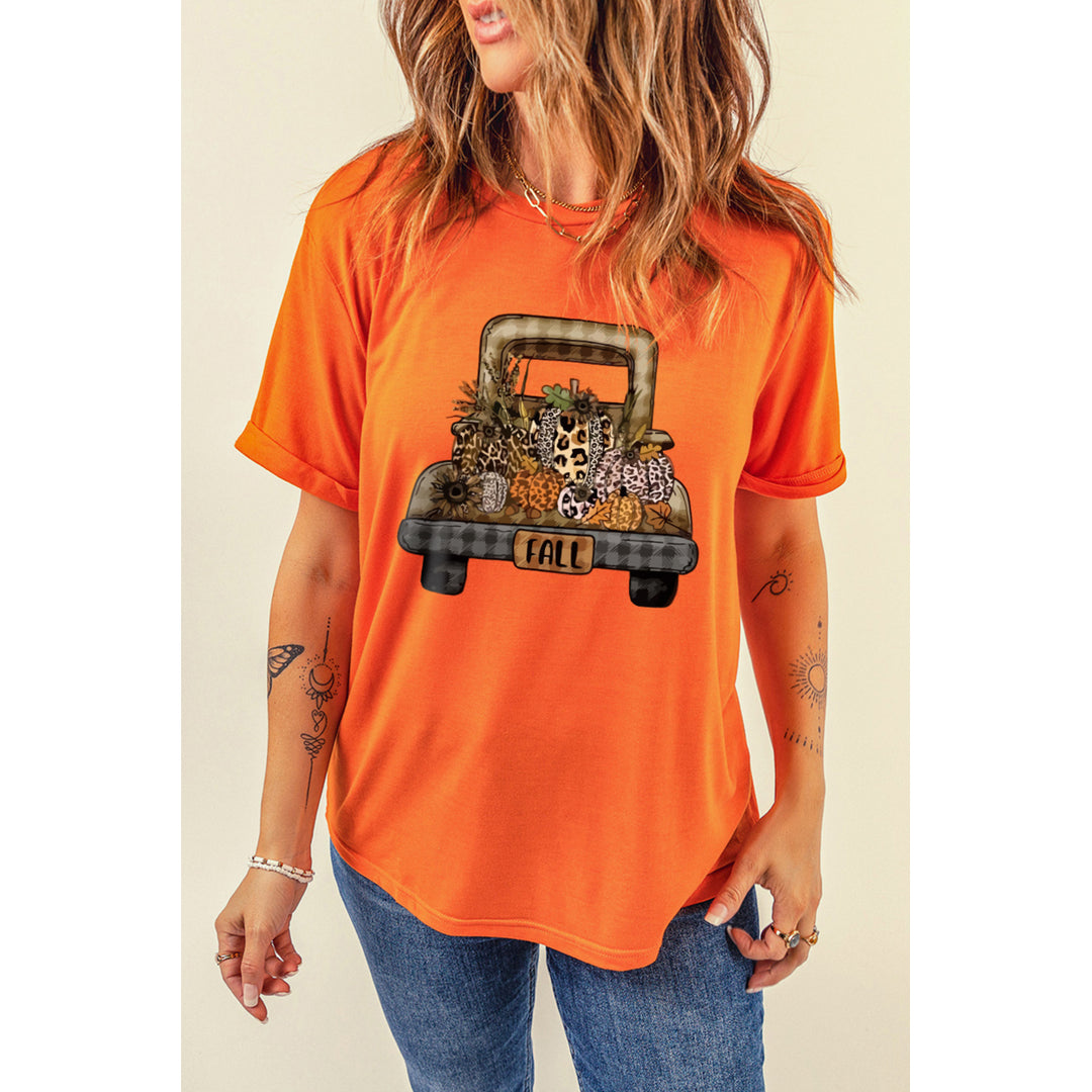 Womens Orange FALL Pumpkin Car Graphic Print Short Sleeve T Shirt Image 3