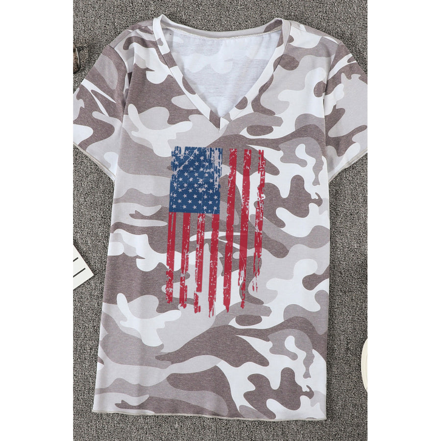Women's Gray American Flag Camo Printed Short Sleeve V Neck T Shirt Image 1
