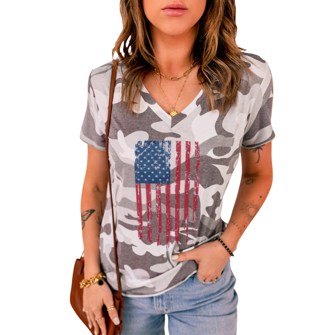 Women's Gray American Flag Camo Printed Short Sleeve V Neck T Shirt Image 3