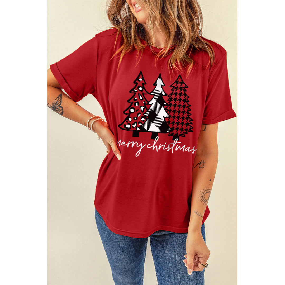 Womens Red Merry Christmas Trees Graphic Print Short Sleeve T Shirt Image 1