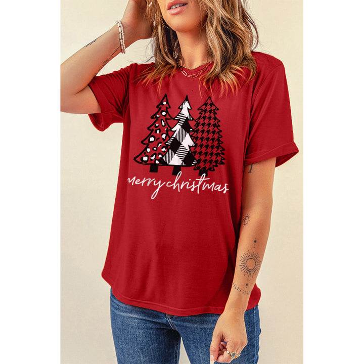 Womens Red Merry Christmas Trees Graphic Print Short Sleeve T Shirt Image 3