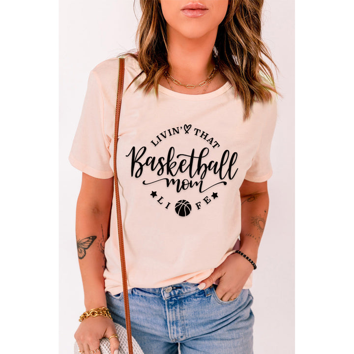 Women's Pink Basketball Mom Letter Graphic Print Short Sleeve T Shirt Image 1