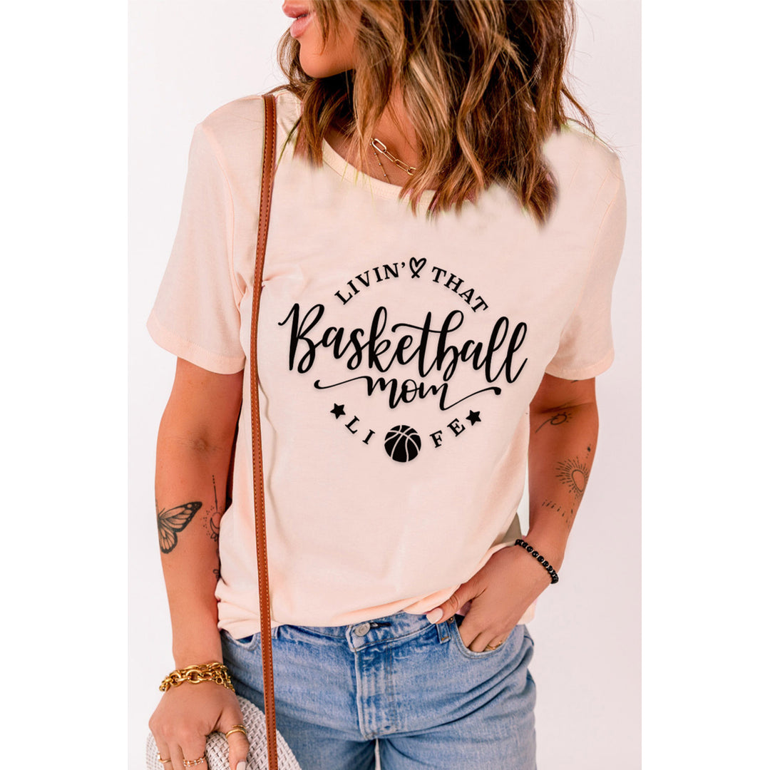 Women's Pink Basketball Mom Letter Graphic Print Short Sleeve T Shirt Image 3