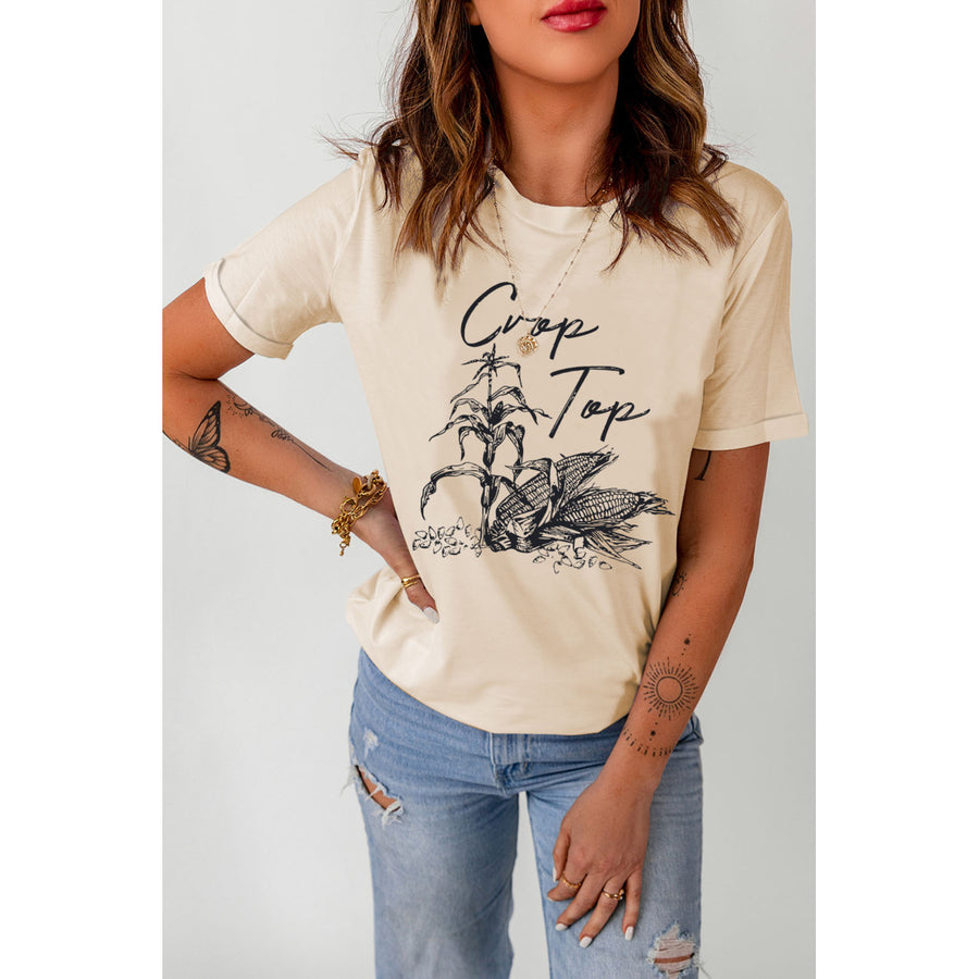 Womens Khaki Crop Top Corn Plant Graphic Print T Shirt Image 1