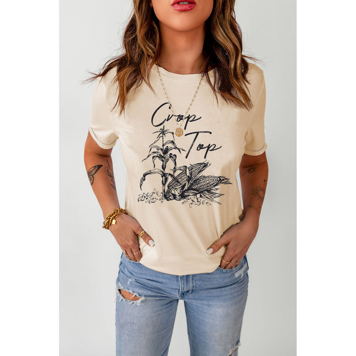 Womens Khaki Crop Top Corn Plant Graphic Print T Shirt Image 3