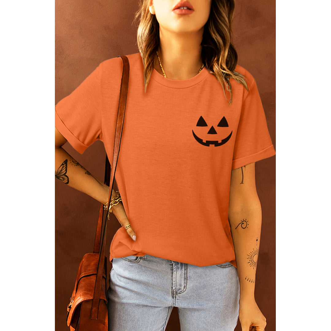Women's Orange Funny Face Print Short Sleeve Graphic T Shirt Image 1